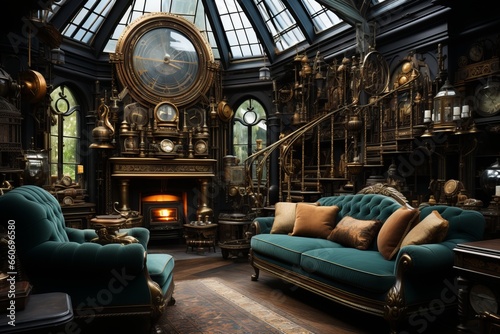 Steampunk living room with industrial Victorian - era aesthetics and vintage machinery