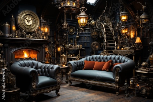 Steampunk living room with industrial Victorian - era aesthetics and vintage machinery photo