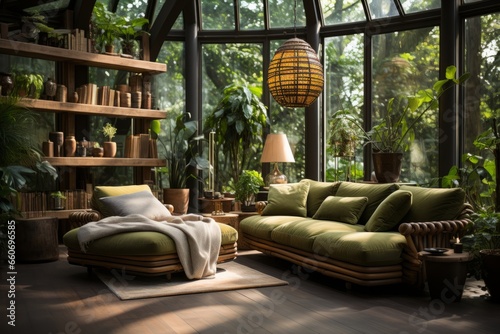 Urban Jungle living room filled with lush greenery and natural textures © Aurora Blaze
