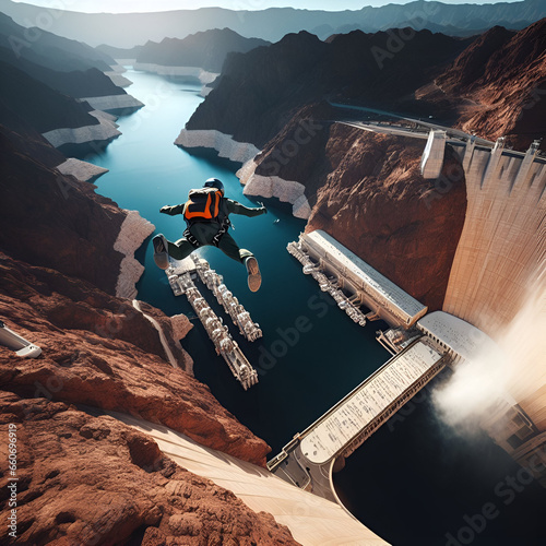 Thrilling Skydiving Over Hoover Dam: Stock Image photo