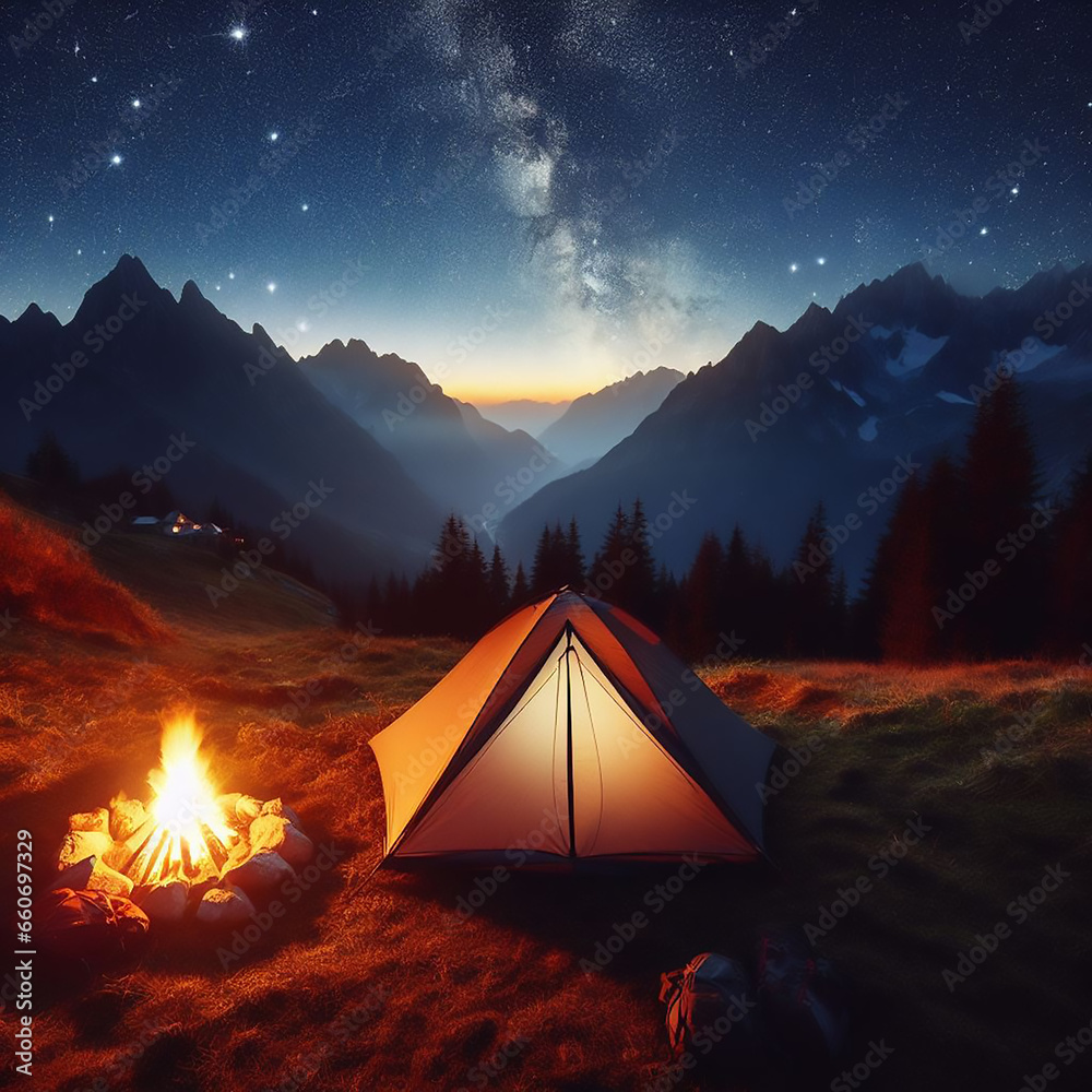 Night camp with a tent and campfire, on a starry night and a moon. Mountains in the background. Camping illustration. Tent illustration.	