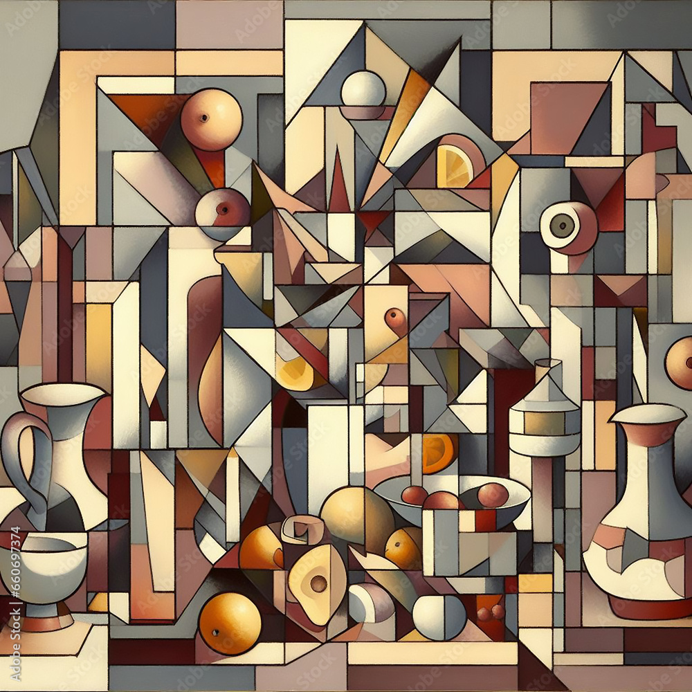 A cubist painting of a still life with geometric shapes, fragmented ...