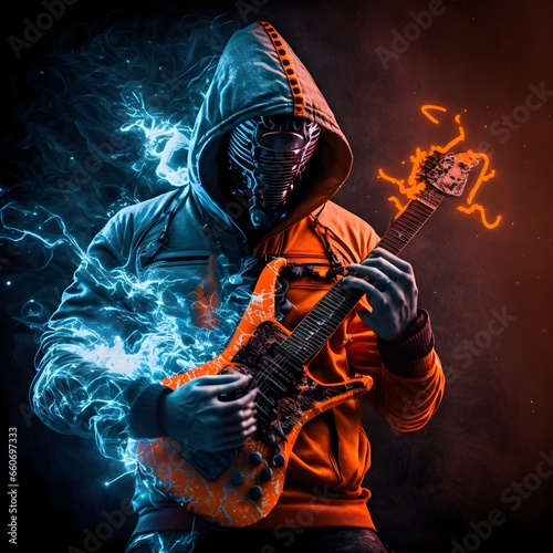 Hacker as a guitar player playing magical orange electric guitar 