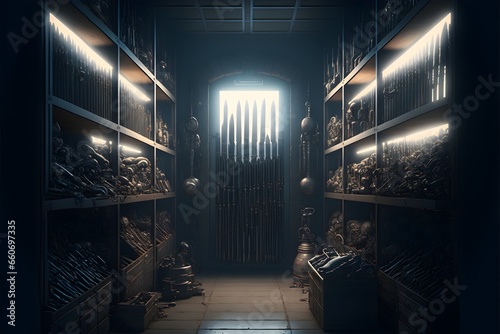 weapons armory vast collection weapons cache room filled with guns and swords atmospheric horror dramatic lighting cinema still movie real hyper realistic octane render 4k  photo