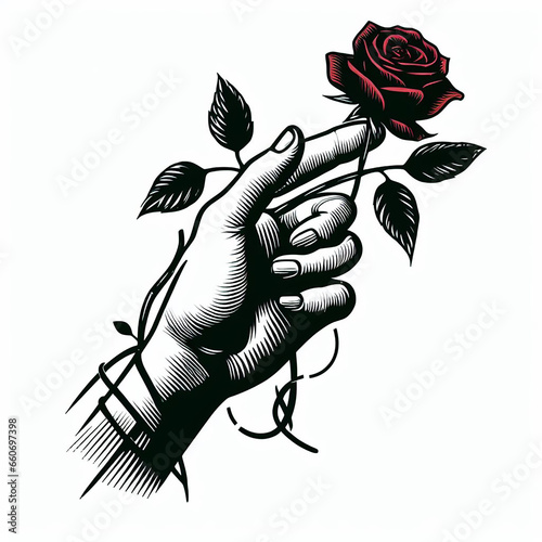 Black stencil of a hand holding a red rose with green leaves on a stem in it, minimalist style, album cover concept art, line drawing tattoos
