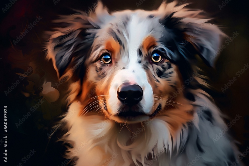 An image of an adorable Australian shepherd puppy in an abstract art style. Generative AI