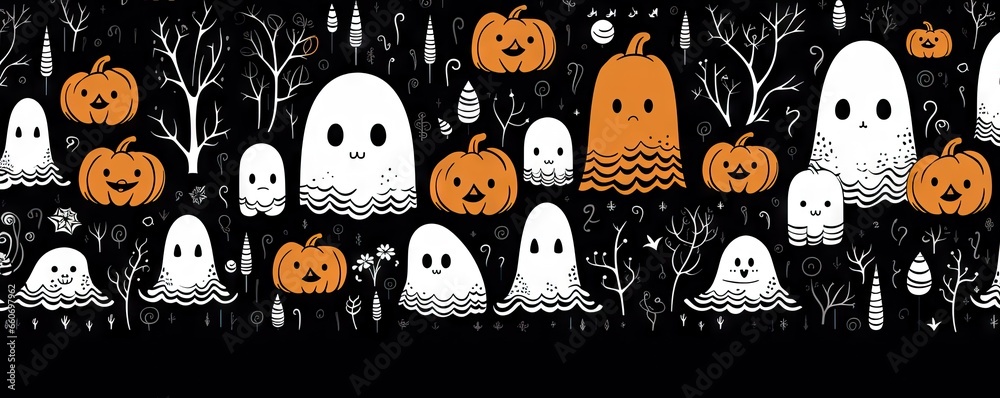 a pattern with ghosts and pumpkins in black and white Generative AI a pattern with ghosts and pumpkins in black and white Generative AI