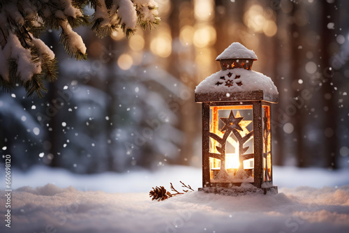 Christmas Lantern On Snow With Fir Branch In Evening Scene. High quality photo