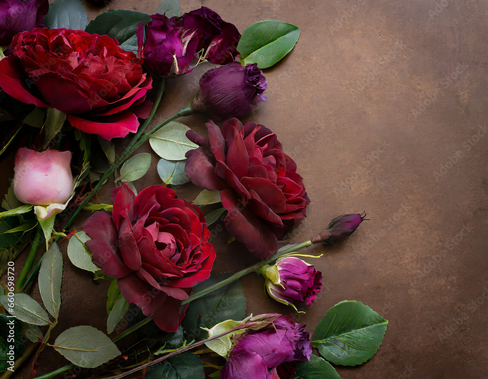Dark Florals Roses Bouquet on Natural neutral brown backgrund Dark Florals Roses Bouquet on Natural neutral brown backgrund