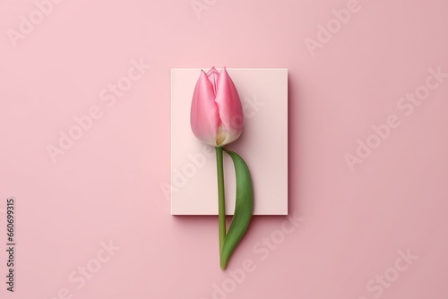 Minimalist design with a pink tulip and the number 8, ideal for a spring greeting card celebrating Women's Day. Generative AI