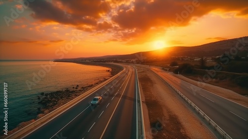highway landscape at sunset, Beautiful seaside road view