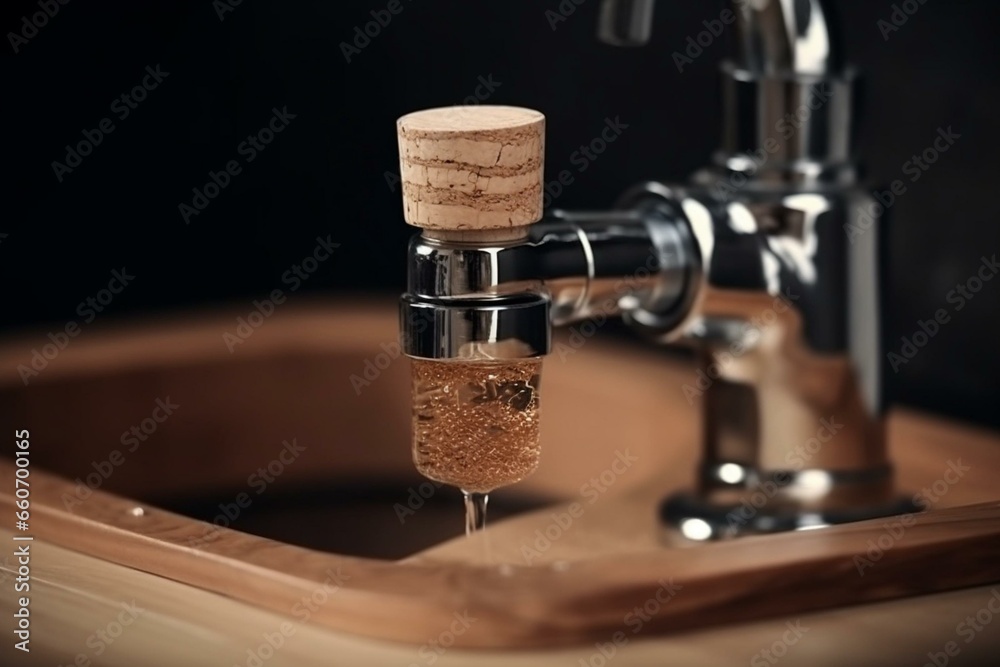 Shiny metallic tap water sink plumbing made of cork. Generative AI