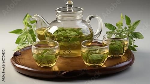 Hot tea in glass teapot and glass cups and fresh leaves with natural steam on white background