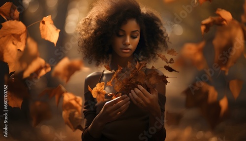 an african american woman is holding fall leaves, timeless beauty, naturalistic details, festive atmosphere. generative AI