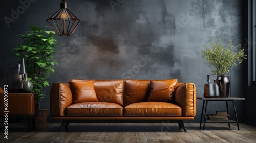 Interior living room wall with leather sofa and decor