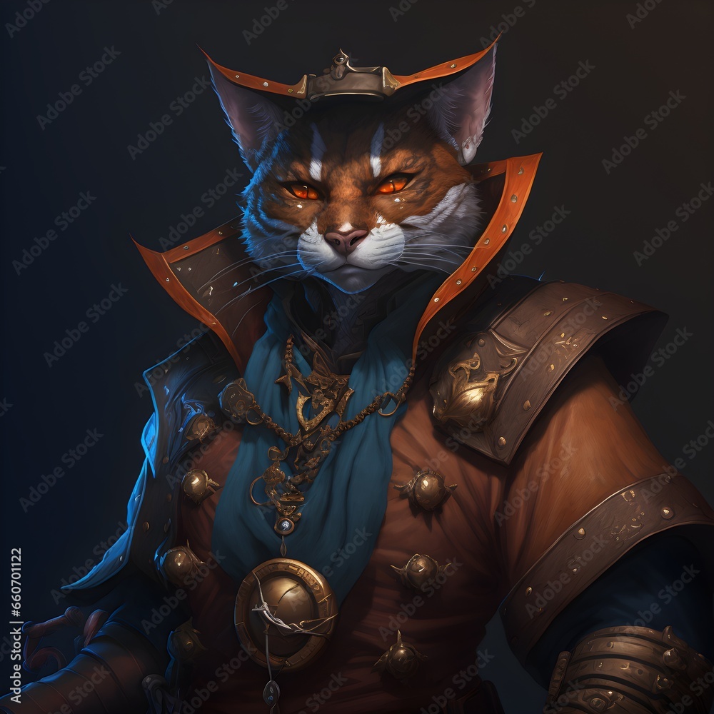 dnd tabaxi male pirate captain tricorn hat orange fur blue eyes wearing ...