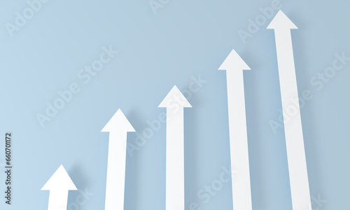3d rendering of top white rising arrow for business planning new strategy. growing business target concept idea. Step to Arrow growth success. progress way and forward achievement on blue Background.
