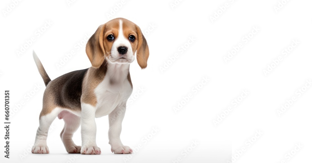 Purebred Pedigree Beagle puppy on clean, white background with ample copy space. This adorable charm young dog is ideal for banners, advertisements, posters, postcards and various design projects.