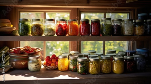 Multitude of glass jars with homemade preserves on shelves in farmhouse kitchen. Various canned vegetables, tomatoes, cucumbers, green peas, peppers, herbs, and more. For food blog, cookbook, poster.