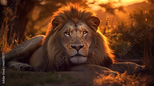 lion lying on the ground and looking to the side  against the background of the rising sun
