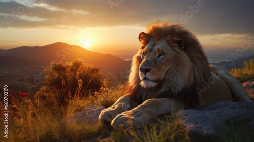 Lion lying on the plain with the Sun setting over the Mountain
