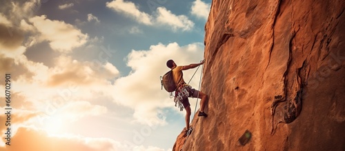 Young man with a rope engaged in the sports of rock climbing on the rock. photo