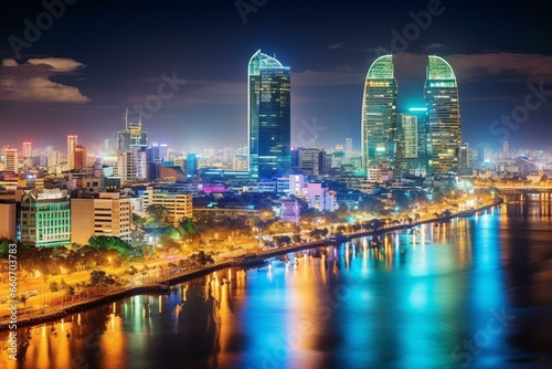 Cityscape with illuminated buildings and river in Ho Chi Minh  Vietnam. Generative AI