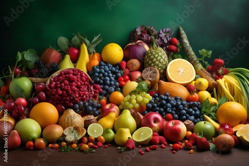 A vibrant backdrop filled with a variety of colorful and wholesome fruits and vegetables. Generative AI