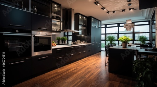 Luxurious kitchen with brown wooden floors, black wooden cupboards and stainless steel kitchen appliances © MBRAMO