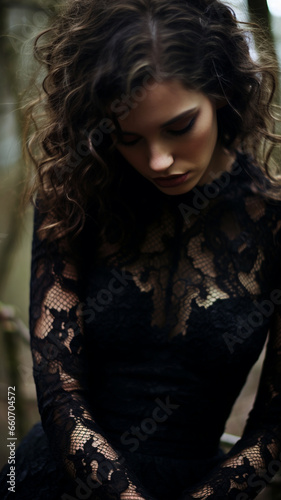 Gothic fashion clothes cute, Creative evocative epatastic lace outfit styling , silhouettes of the night, gloomy black shades, elegant and luxurious .