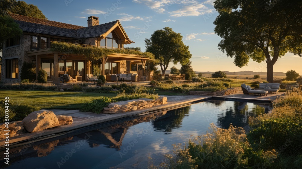 Luxury country house with swimming Pool and old farmhouse during sunset