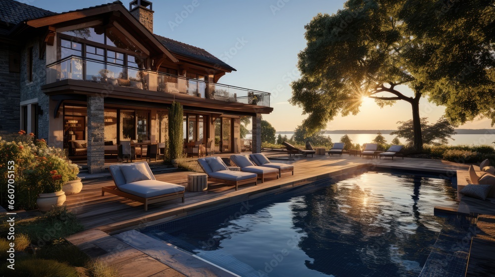 Luxury country house with swimming Pool and old farmhouse during sunset Luxury country house with swimming Pool and old farmhouse during sunset