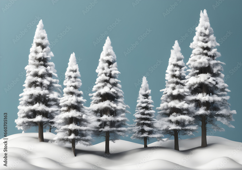 Winter trees pine snow frosted cover cutout. Generative AI