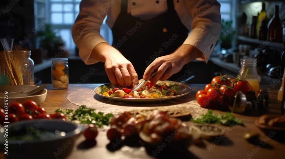 male chef's hands, no face, decorating food under the light of the kitchen interior lights