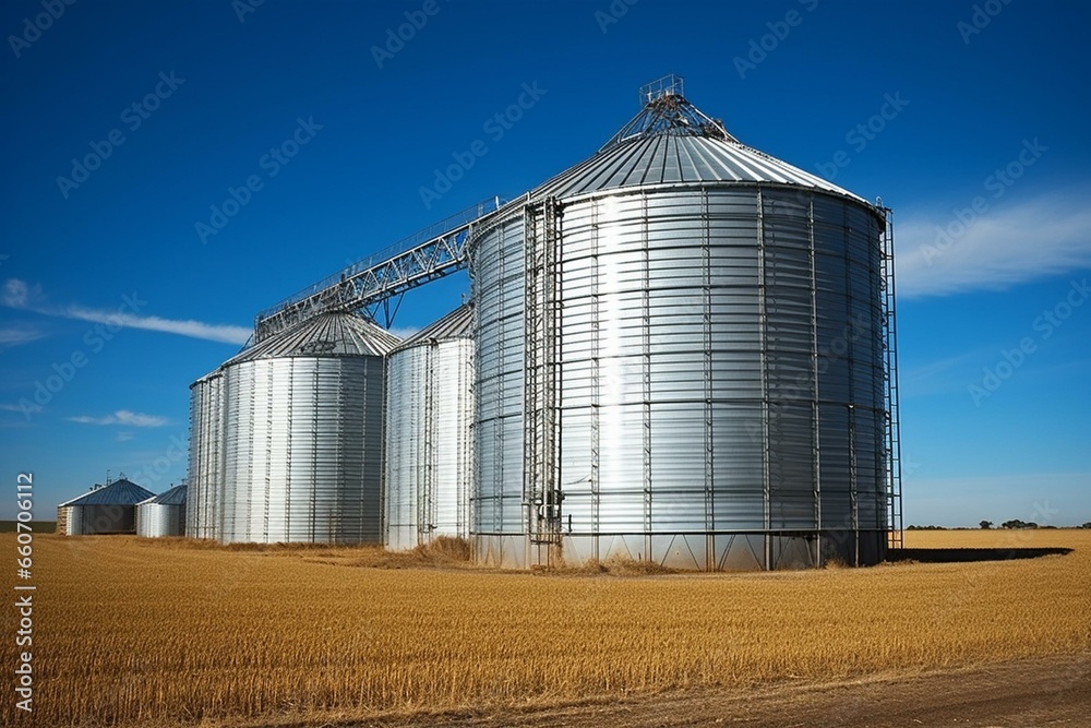 Position of feed silo in grain storage at farm facility. Generative AI Position of feed silo in grain storage at farm facility. Generative AI