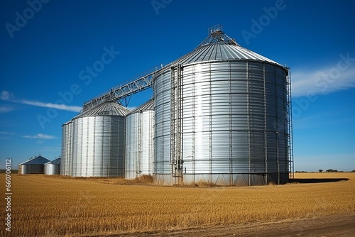 Position of feed silo in grain storage at farm facility. Generative AI
