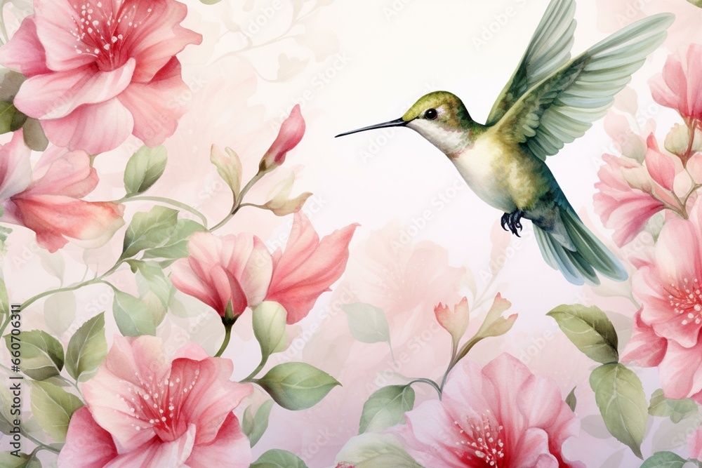 A beautiful seamless pattern featuring rose flowers, hummingbirds, and a watercolor illustration. Generative AI
