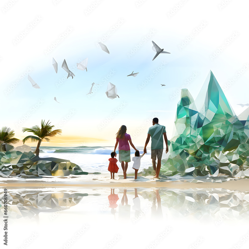 Fototapeta premium Family is dressed up for a trip to the beach, in the style of low poly,