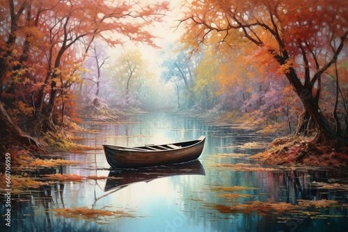 A lake painting with a boat, trees, leaves, water, canal, reflection, and nature. Generative AI