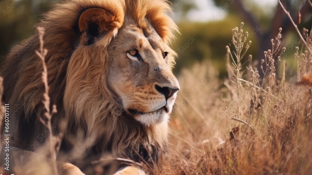 Male lion on savanna grass. with a background of trees in the hills Male lion on savanna grass. with a background of trees in the hills