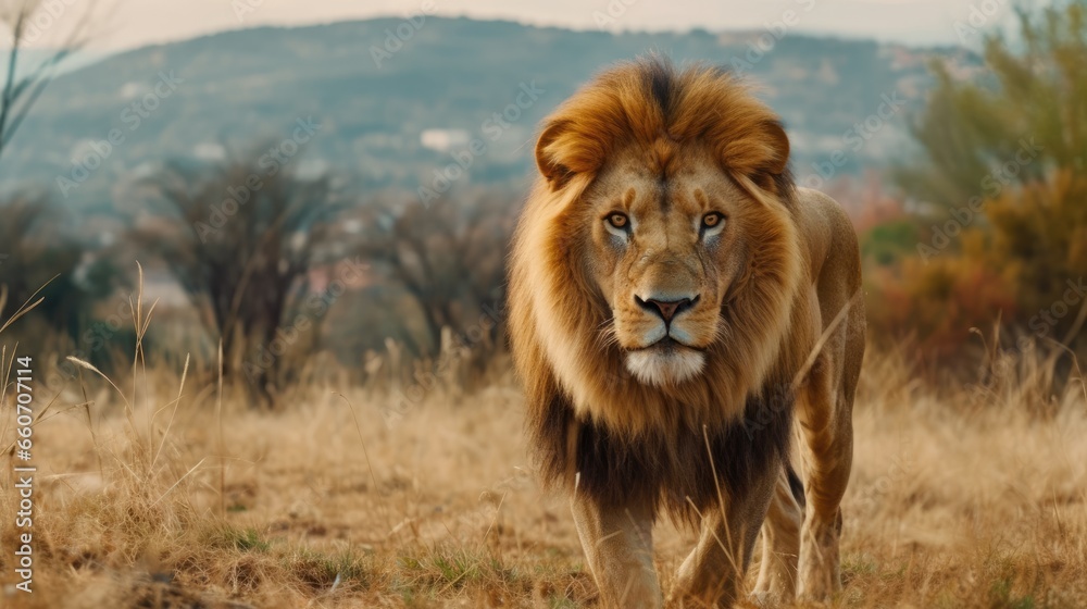 Male lion on savanna grass. with a background of trees in the hills Male lion on savanna grass. with a background of trees in the hills