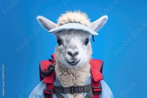 closeup portrait of cute llama with travel backpack on blue background © gankevstock