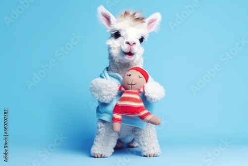 cute baby llama with doll toy on blue background