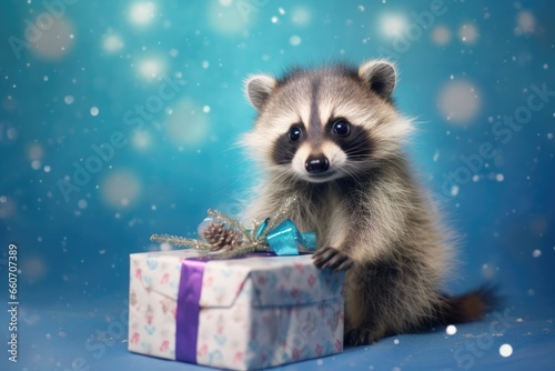 cute baby racoon with christmas gift boxes on blue background © gankevstock