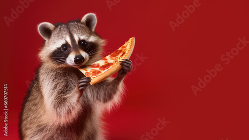 cute funny raccoon holding peace of pizza on red background © gankevstock