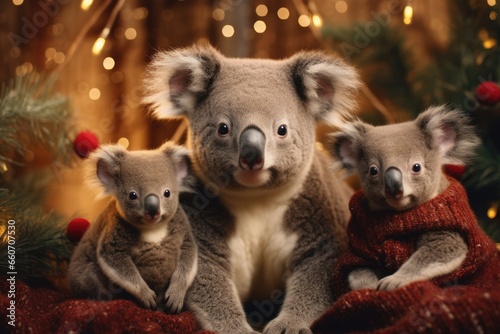 cute koala family posing on christmas and new year blurred background theme © gankevstock