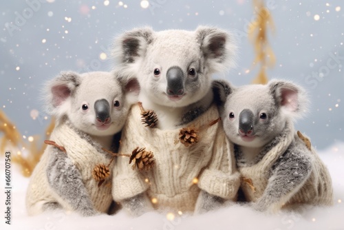 cute koala family posing on christmas and new year white blurred background theme © gankevstock