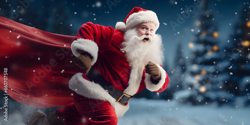 Santa Claus heroically running to urgently deliver gifts photo
