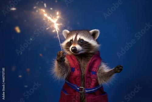 cute racoon holding sparklers on blue background © gankevstock