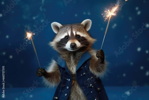 cute racoon holding sparklers on blue background